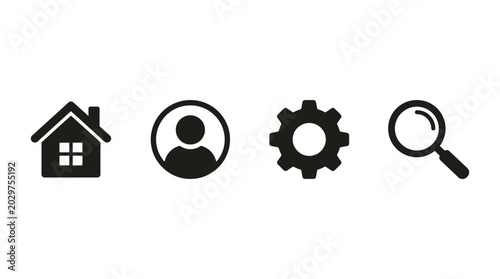 Set of house user settings gear and search magnifying glass icons silhouette