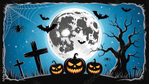 Halloween illustration featuring carved pumpkins with glowing faces and bats flying in front of a giant full moon at night
