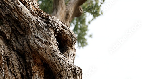 Awesome photo of close-up of ancient gnarled tree trunk with hollow against bright background.
