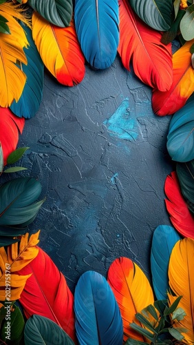 Vibrant Exotic Bird Feathers Border on Dark Textured Background.