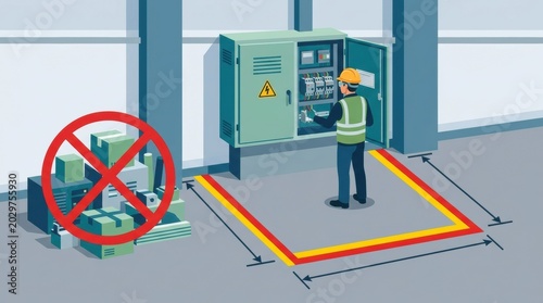 Technician is working at an electrical panel in a designated clearance zone with warning signs and scattered equipment nearby for safety measures.