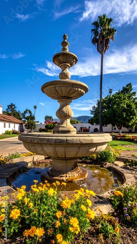beautiful fountain with yellow flowers.