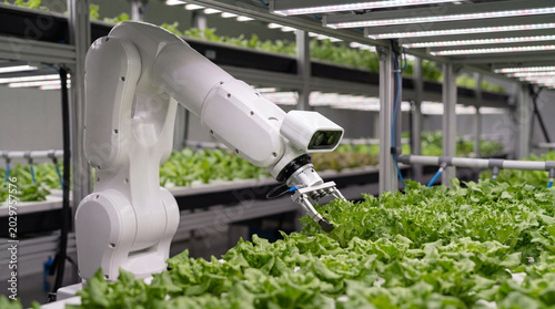 Canvastavla High-tech robotic arm precisely cultivating rows of vibrant green lettuce in an advanced indoor vertical farm