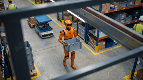 Fotografie Futuristic humanoid robot carries a crate in a modern smart industrial warehouse with an AGV, 3D render