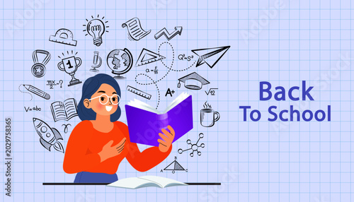 Back to school concept with happy girl reading book on grid background. Creative STEAM learning banner and student education template for university websites, e-learning headers, or study posters.