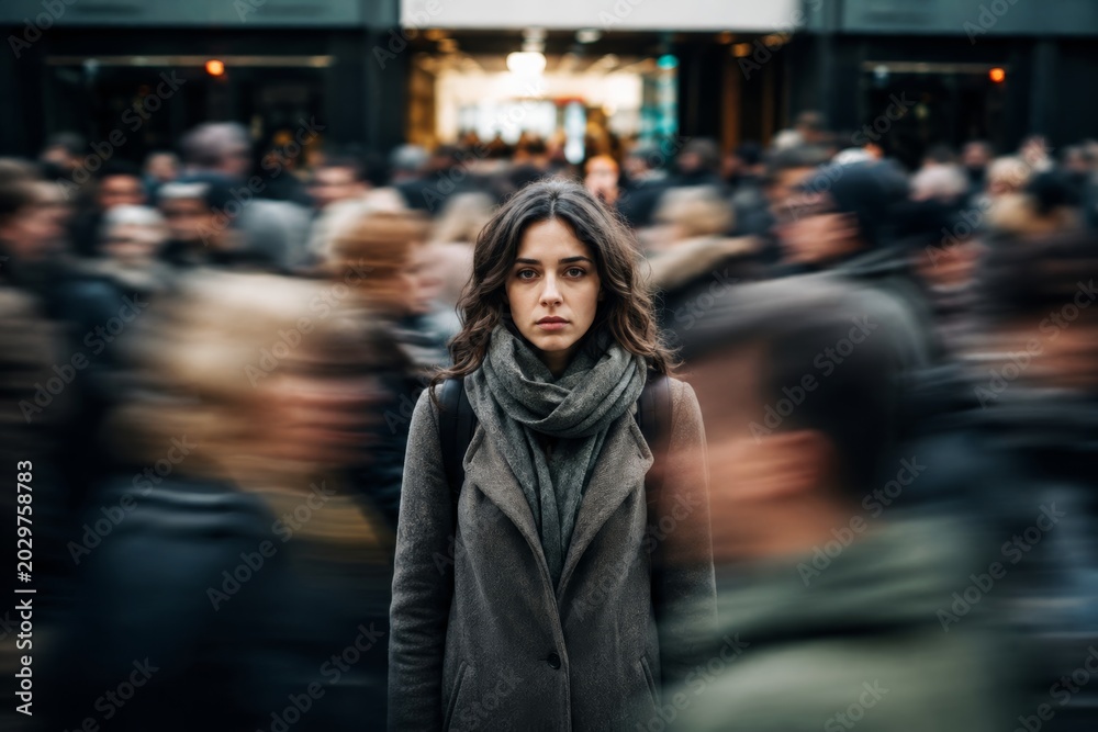 Fototapeta premium A young woman stands still in a blurred crowd of busy pedestrians