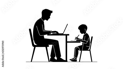 Father son, man and child, sitting at table, working on laptop and writing, family education