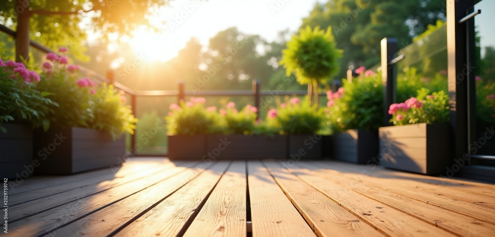 Fototapeta premium Warm sun shines on wooden deck with potted pink flowers and green shrubs. Outdoor patio with garden plants and trees in background. Peaceful summer morning.