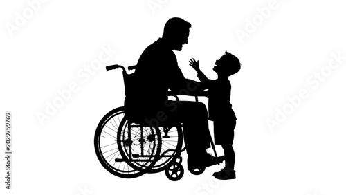 Schilderij op canvas Black silhouette, disabled man, wheelchair, child interaction, supportive relati