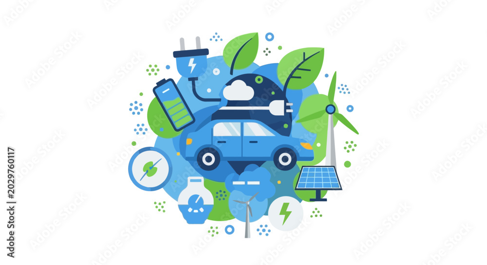 Naklejka premium Sustainable Electric Vehicle Transportation with Renewable Energy Icons: Wind Turbines, Solar Panels, and Battery Charging. Flat Vector Illustration for Green Technology.