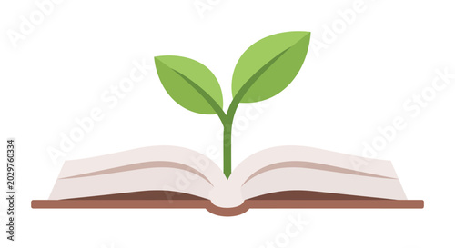Green Plant Sprout Growing from an Open Book Vector Illustration. Conceptual Icon for Education, Knowledge, Personal Growth, and Sustainability.