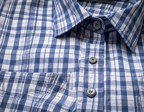 Blue and white plaid button down shirt.