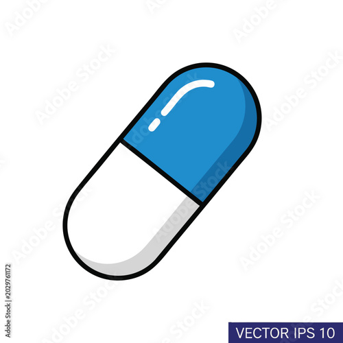 A single blue and white pharmaceutical capsule pill icon.