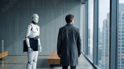 Foto Humanoid robot and businessman looking out a large office window at a modern city skyline