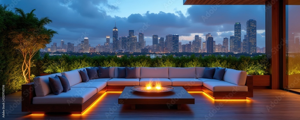 Fototapeta premium Luxury terrace with sectional sofa, fire pit offers stunning city skyline view at night. Modern outdoor living space with ambient lighting, rich plants creates relaxing atmosphere for city dwellers.