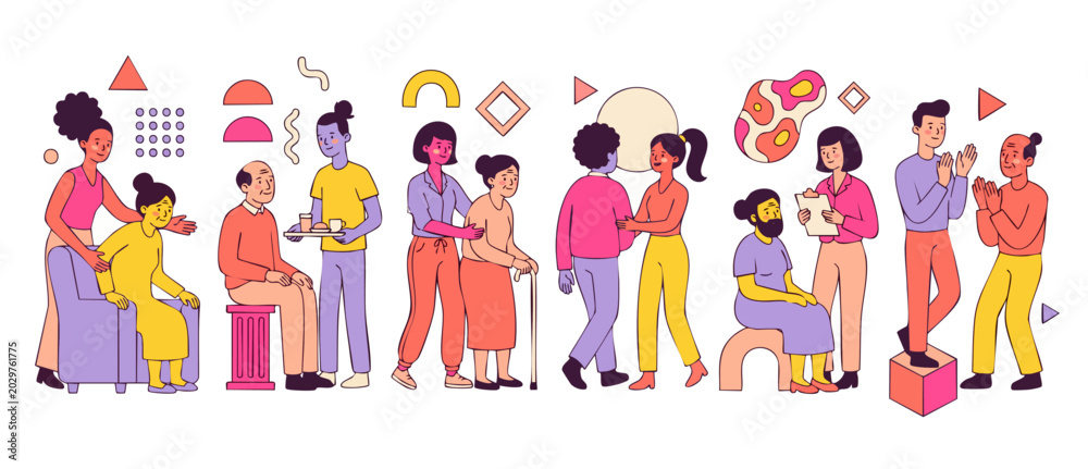 Fototapeta premium Elderly care nursing home vector illustration showing diverse caregivers assisting senior patients with daily activities, medical checkups, rehab, and physical therapy in a supportive community.