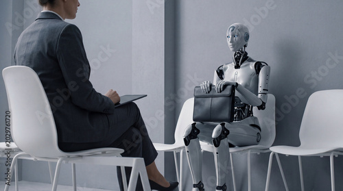 Cuadro en lienzo Humanoid robot being interviewed by a businesswoman in a professional office setting, showcasing AI in recruitment