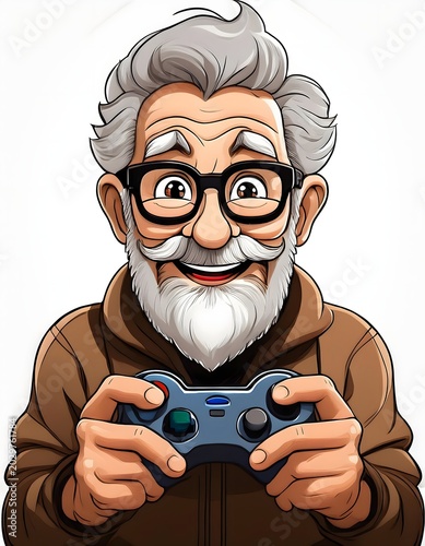 Older man with a white beard holding a game console controller