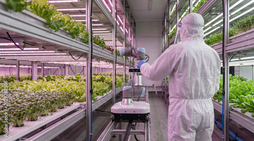 Schilderij op canvas Scientist in protective suit operates advanced robotic system for automated cultivation in indoor vertical farm