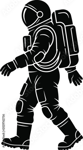 Silhouette of an astronaut spaceman walking in a futuristic space suit