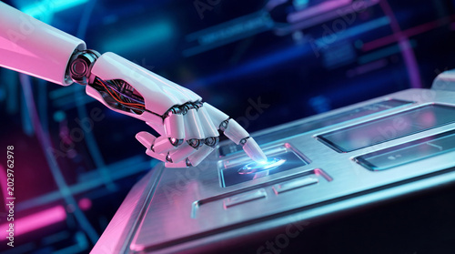 Tableau sur toile Robotic hand precisely pressing a glowing button on a control panel, symbolizing industrial automation and intelligence