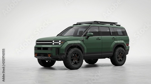 A premium, rugged studio shot of a high-performance off-road SUV concept in a matte tactical green finish, featuring an adventure-ready roof rack, bulky all-terrain tires, blacked-out rims, and small 