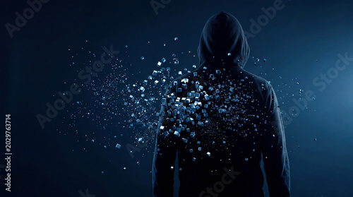 Fotografie Anonymous hooded figure seen from behind, dissolving into shimmering digital pixel particles, representing data