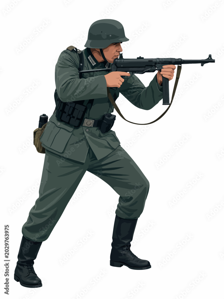 Fototapeta premium Vsai german soldier aiming submachine gun during world war ii