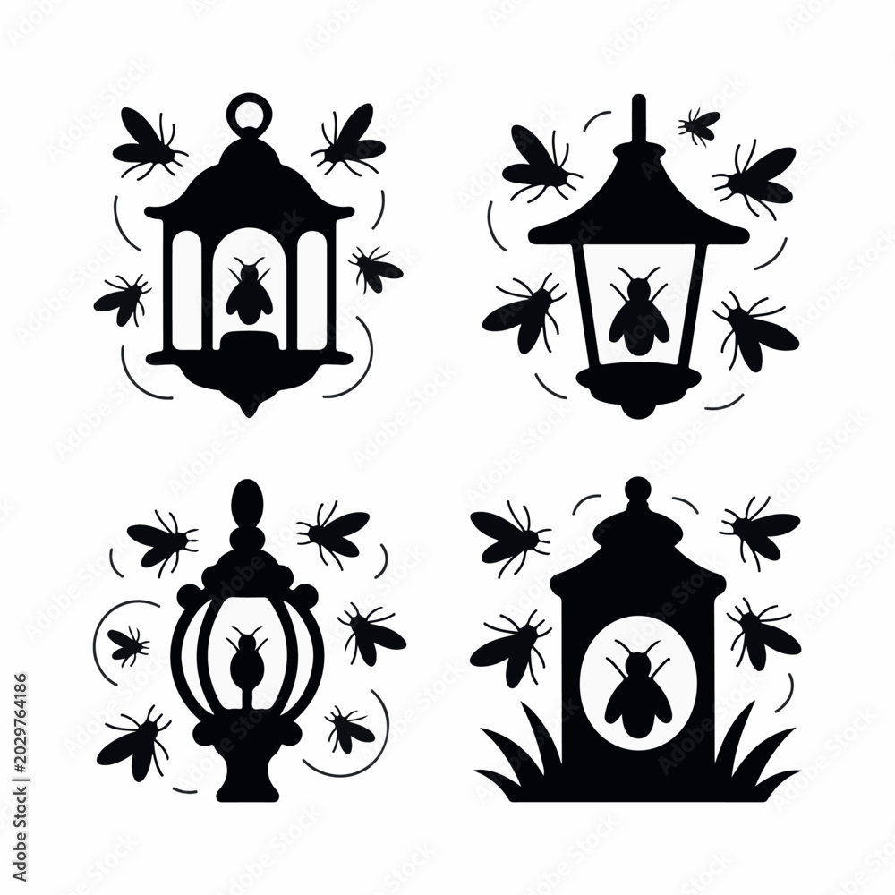 Fototapeta premium Collection of Four Black Silhouette Icons of Lanterns with Insects and Grass vector illustration