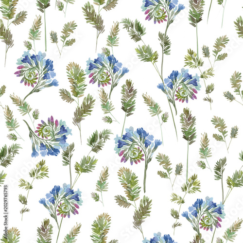 Seamless pattern with herb peritoneum flowers and grass