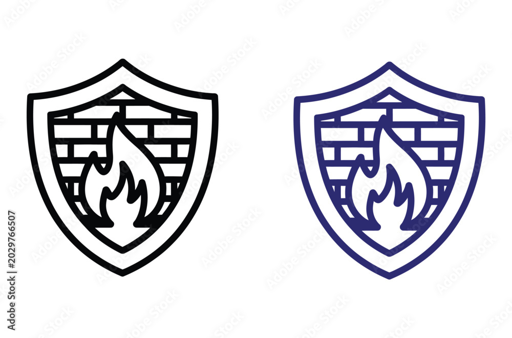 Fototapeta premium Two shield icons with a firewall symbol, one black and white, one blue and white