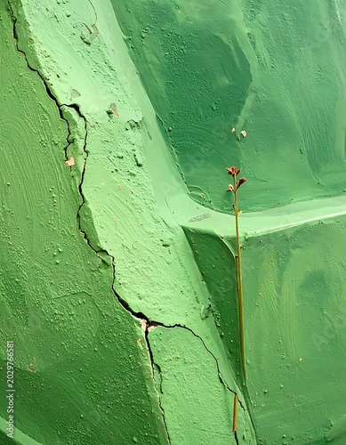 Cracked green wall with red wire.