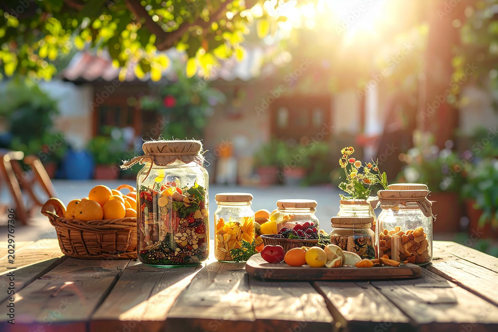 Obraz premium Barattoli di conserve e frutta fresca disposti su un tavolo rustico all’aperto, con fiori e atmosfera naturale. Scena che richiama vita semplice, autoproduzione e stile di vita sostenibile.