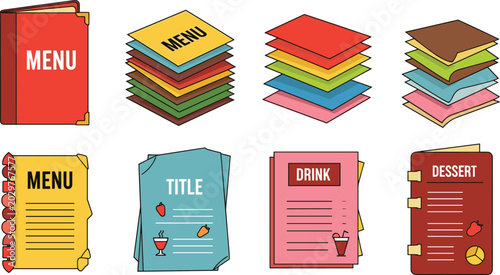 Fotografie Restaurant Menu and Card Icon Set with Hardcover Menu, Stacked Colorful Pages, D