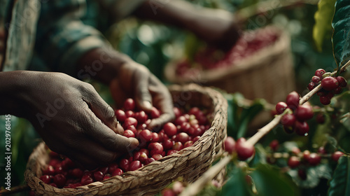 Hands harvesting ripe red coffee cherries into a woven basket among green leaves in tropical plantation, close up agricultural picking scene with natural light