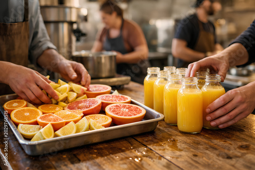 Fresh citrus juice bottles beside sliced oranges grapefruit and lemons on a wooden kitchen table during small batch preparation with workers