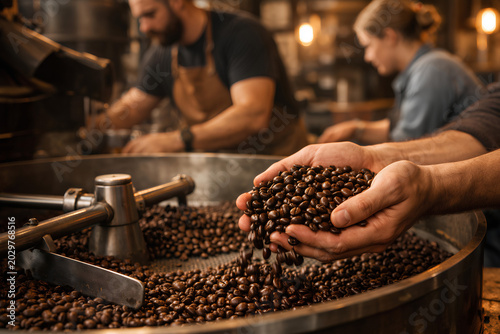 Coffee roastery worker holding roasted beans above a large cooling tray with warm cafe interior and baristas blurred in the background