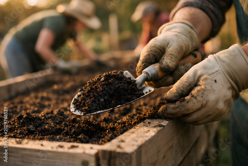 Gloved gardener holding a metal trowel with rich dark soil over raised wooden garden bed during warm community planting work in afternoon light