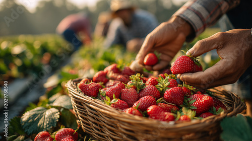 Close up of hand selecting ripe strawberries from a woven basket in a sunny berry field with farm workers blurred behind during harvest