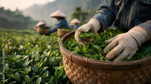 Gloved hands sorting fresh green tea leaves in a woven basket during harvest on a misty plantation with workers, soft morning light and close up agricultural detail