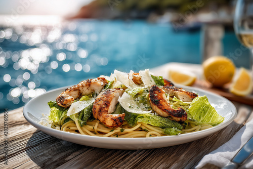 Sunny seaside pasta salad with grilled chicken, romaine greens, cheese shavings and lemon on white plate against sparkling blue water background with restaurant style summer presentation