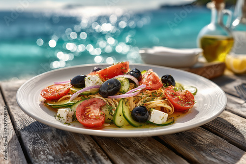 Fresh Mediterranean pasta salad with black olives, tomatoes, cucumber, feta cheese and herb oil on a white plate beside bright turquoise sea with sunny coastal restaurant atmosphere
