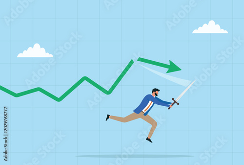 Businessman cutting a rising arrow with sword symbolizing price reduction and cost cutting strategy
