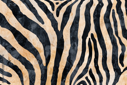 Organic zebra stripe texture with flowing black and beige lines, wild animal print background in a natural irregular style for fashion and decorative use.