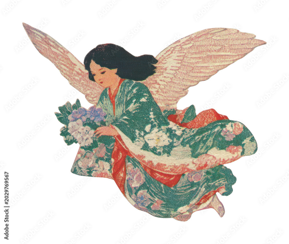 Obraz premium PNG Vintage angel with floral kimono