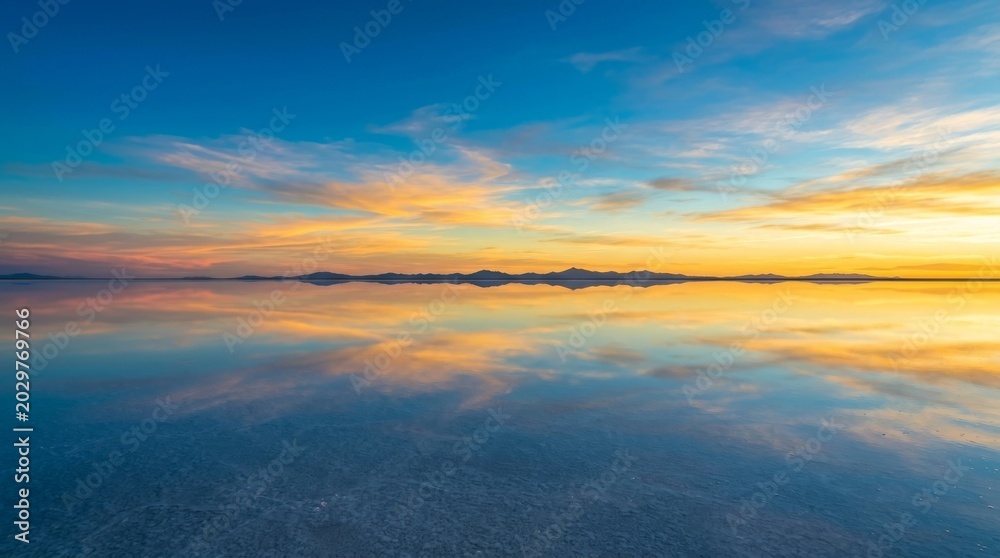 Fototapeta premium Vast Salt Lake Mirror Reflections Under Dramatic Sunset Sky with Distant City Skyline