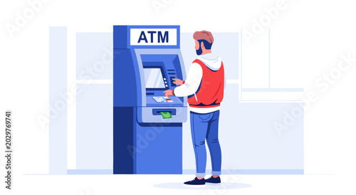 Detailed vector illustration showcasing a person interacting with an automated teller machine, performing a quick and secure cash withdrawal