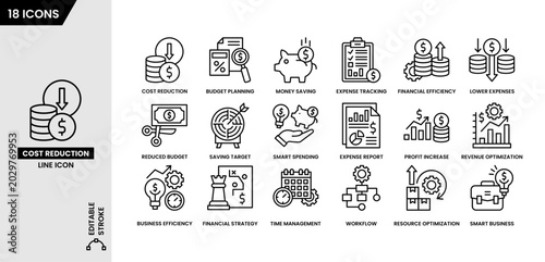 Cost reduction line icon set editable stroke for Budget planning, Money saving, Expense tracking, Financial efficiency and Smart spending