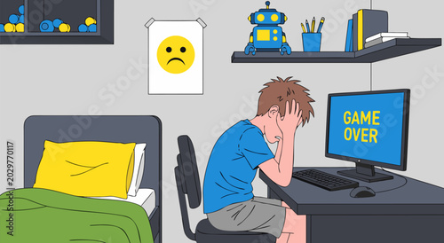 Schilderij op canvas Navigating digital challenges a vector illustration of a distraught boy experien