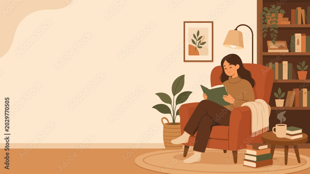 Fototapeta premium Cozy Reading Nook: A young woman enjoys a peaceful moment engrossed in a book while comfortably seated in an armchair within a warm, inviting living space filled with plants and bookshelves.